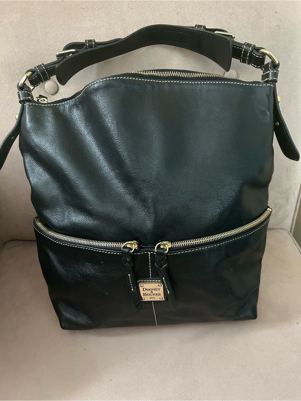 Dooney & Bourke Black Dillen Leather Hobo Shoulder Bag with Gold Hardware